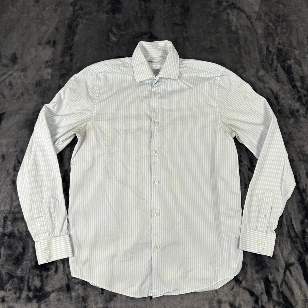 Zara Button Down Shirt Mens Small Blue White Striped Slim Fit Long Sleeve